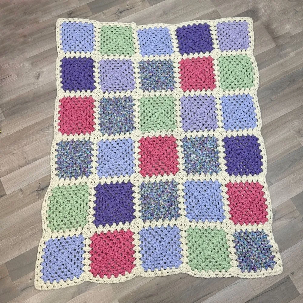 Handmade Granny Square Crochet Afghan Blanket White Multicolor Pink Purple Green